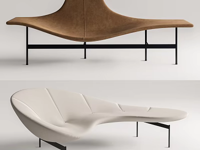 Modern Brown Leather And White Fabric Chaise Lounge With Curved Design And Metal Legs 3d model