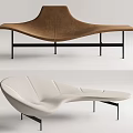 Modern Brown Leather And White Fabric Chaise Lounge With Curved Design And Metal Legs