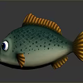 3D Cartoon Fish With Green Body Orange Fins Blue Eyes And Spots On Dark Background