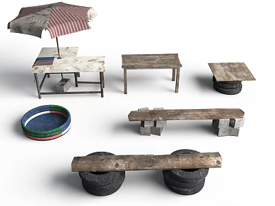 Outdoor Scene Components with Umbrella Wooden Tables Benches Tire Bases and Colorful Bowl 3d model