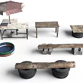 Outdoor Scene Components with Umbrella Wooden Tables Benches Tire Bases and Colorful Bowl