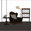 Classic Brown Leather Single Sofa Featuring Carved Wooden Armrests Decorative Pillow And Side Table Lamp