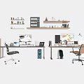 Modern Office Desk Setup With Dual Monitors Office Chairs Bookshelves Decorations And Desk Lamps
