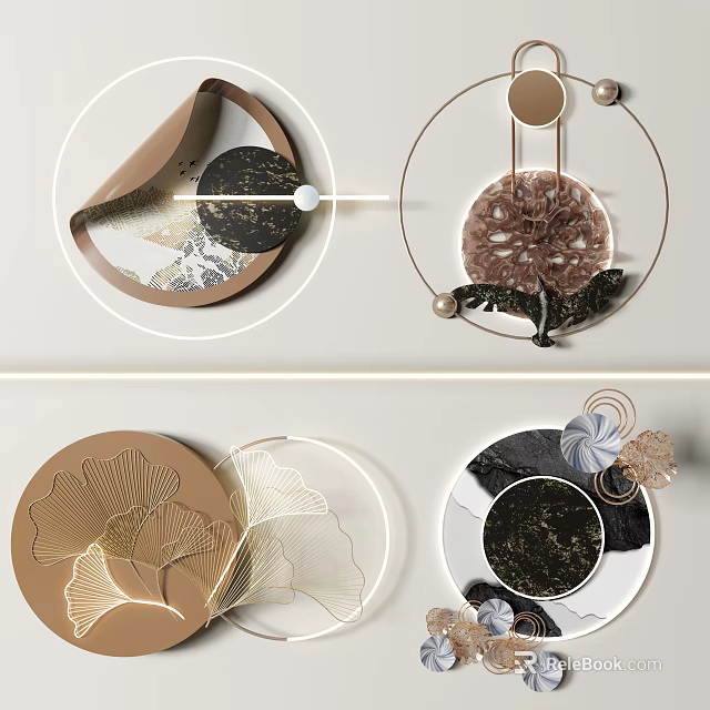 Elegant Circular Wall Decor with Metal Frames Marble Patterns and Gold Accents 3d model