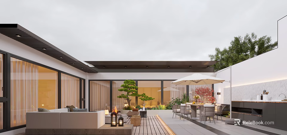 Modern Courtyard Garden With Wooden Deck Sofa Fire Pit Dining Table Umbrella And Glass Wall 3d model 