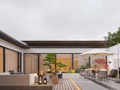 Modern Courtyard Garden With Wooden Deck Sofa Fire Pit Dining Table Umbrella And Glass Wall 3d model