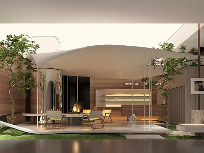 Modern Outdoor Café With White Canopy Green Plants Fireplace Comfortable Seating And Natural Design 3d model
