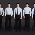 Men Standing in White Shirts Black Pants with Black and Blue Ties Against Dark Background