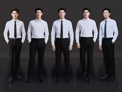 Men Standing in White Shirts Black Pants with Black and Blue Ties Against Dark Background 3d model