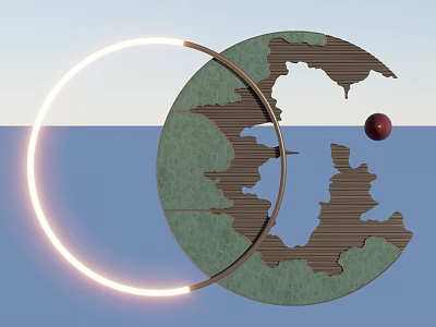 Illuminated Circular Decorative Light With Ring Design Blue Water Green Land And Red Sphere 3d model