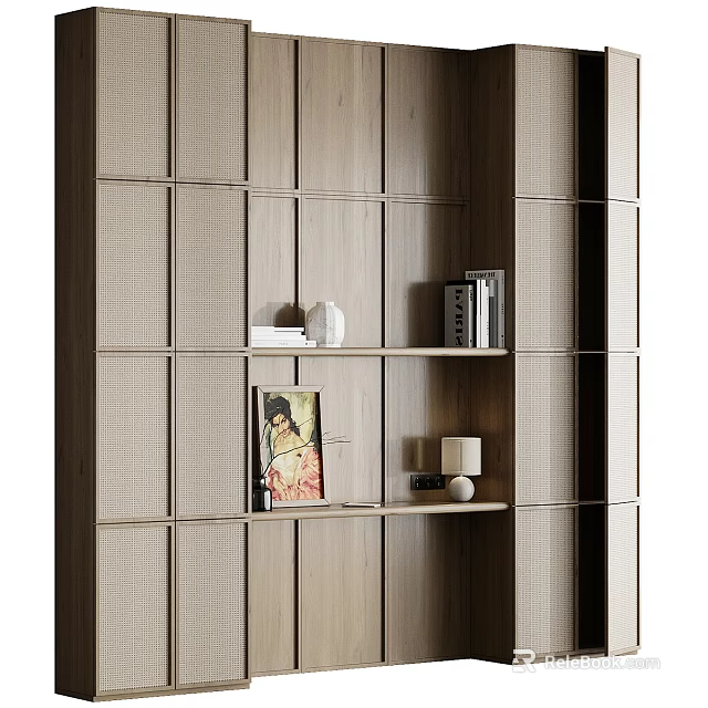Wooden Decorative Cabinet With Grid Design Featuring Books Vase Painting And Table Lamp 3d model 