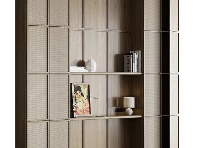 Wooden Decorative Cabinet With Grid Design Featuring Books Vase Painting And Table Lamp 3d model