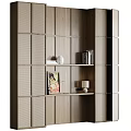 Wooden Decorative Cabinet With Grid Design Featuring Books Vase Painting And Table Lamp