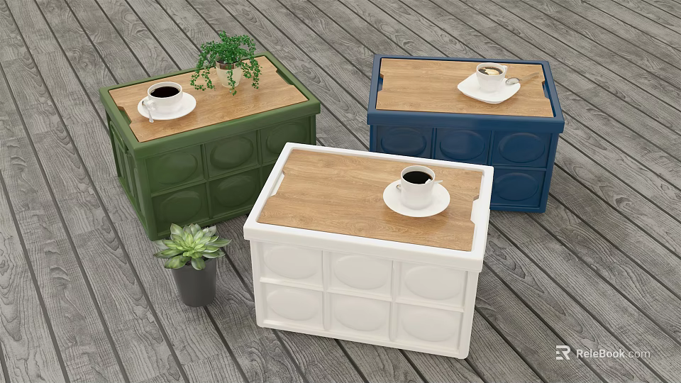 Green Blue White Storage Boxes With Wooden Lids Coffee Cups And Small Potted Plants 3d model 