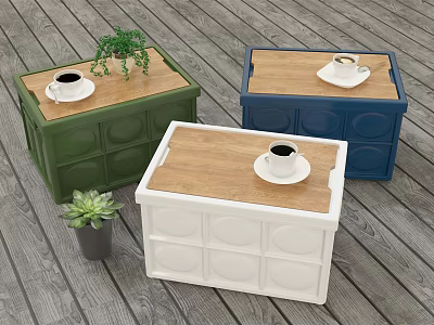 Green Blue White Storage Boxes With Wooden Lids Coffee Cups And Small Potted Plants 3d model