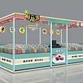 Colorful Mall Candy Pastry Kiosk With Display Shelves Signs And Sweet Treats