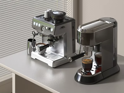 Stylish Modern Kitchen Coffee Machines On Counter With Two Brewed Coffee Cups 3d model