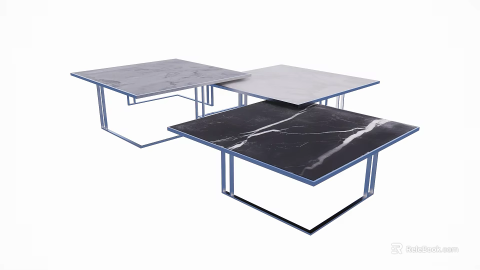 Modern Table Set With Three Marble Tabletops And Blue Metal Frames 3d model