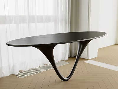 Elegant Black Oval Dining Table With Unique Curved Base And White Curtains On Wooden Floor 3d model