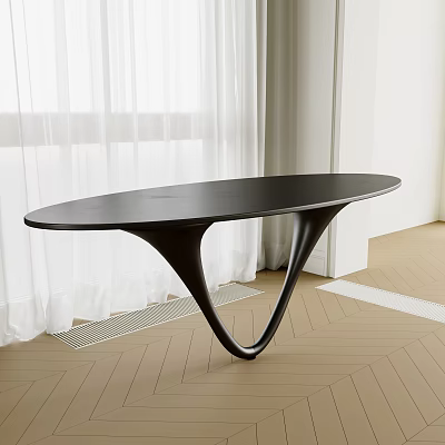 Elegant Black Oval Dining Table With Unique Curved Base And White Curtains On Wooden Floor 3d model