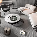 Modern Living Room Interior With Beige Corner Sofa Round Coffee Table Armchairs And Floor Lamp
