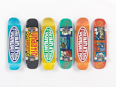 Assorted Colorful Skateboard Decks with Different Graphics Displayed in a Row 3d model