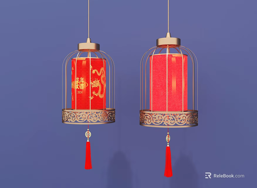 Cage Shaped Chandeliers Featuring Red Lanterns Golden Frames Intricate Patterns Red Tassels on Blue Background 3d model 