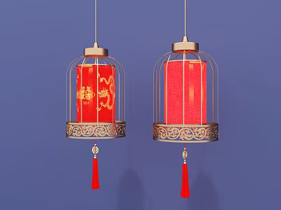 Cage Shaped Chandeliers Featuring Red Lanterns Golden Frames Intricate Patterns Red Tassels on Blue Background 3d model