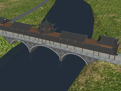 Traditional Chinese Bridge with Pavilion Roof and Stone Arch Over River and Green Hills 3d model