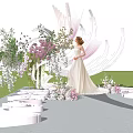 Bride In White Wedding Dress On Decorated Platform With Pink White Flowers And Reflective Ground