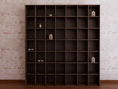 Wooden Storage Cabinet Shelf with Dark Finish Multiple Compartments Against Brick Wall and Wooden Floor 3d model