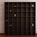 Wooden Storage Cabinet Shelf with Dark Finish Multiple Compartments Against Brick Wall and Wooden Floor