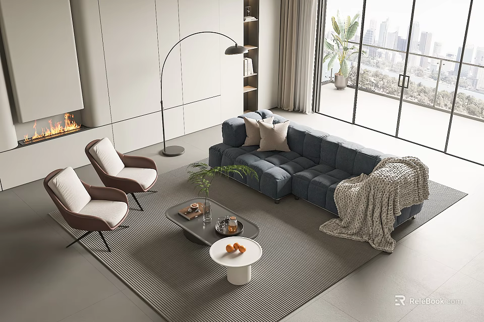 Modern Living Room Sofa and Coffee Table Set with City View and Accent Chairs 3d model 