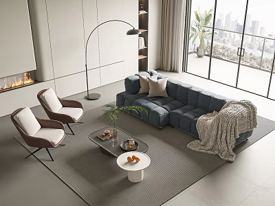 Modern Living Room Sofa and Coffee Table Set with City View and Accent Chairs 3d model