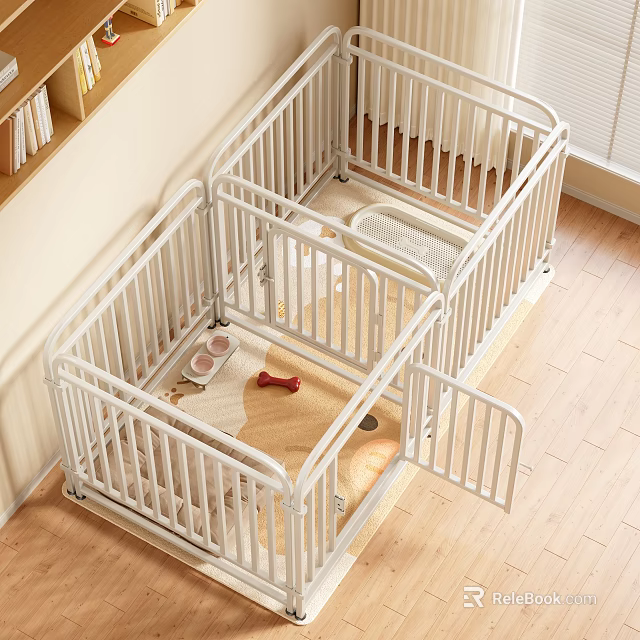White Pet Playpen With Fenced Design Red Toy Bone And Food Bowls On Wooden Floor 3d model 
