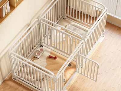 White Pet Playpen With Fenced Design Red Toy Bone And Food Bowls On Wooden Floor 3d model