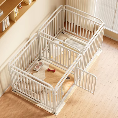 White Pet Playpen With Fenced Design Red Toy Bone And Food Bowls On Wooden Floor 3d model