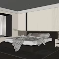 Modern Bedroom Interior With Large Bed Gray Blanket And Vertical Striped Headboard Wall 3d model