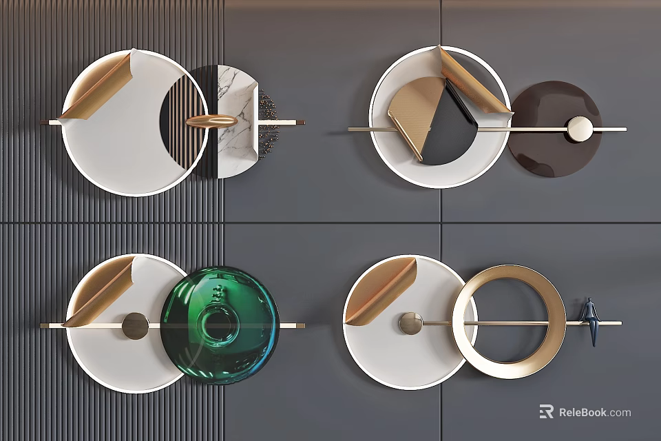 Modern Wall Decor With Circular Metal Frames Green Glass And Gold Accents 3d model 