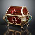 Ornate Display Cabinet Shelf With Wooden Panel Red Floral Motifs Gold Framing And Gemstone Embellishments