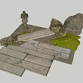 Garden Ornamental Setup Featuring Stone Lantern Rocks Stone Slab Path And Green Moss