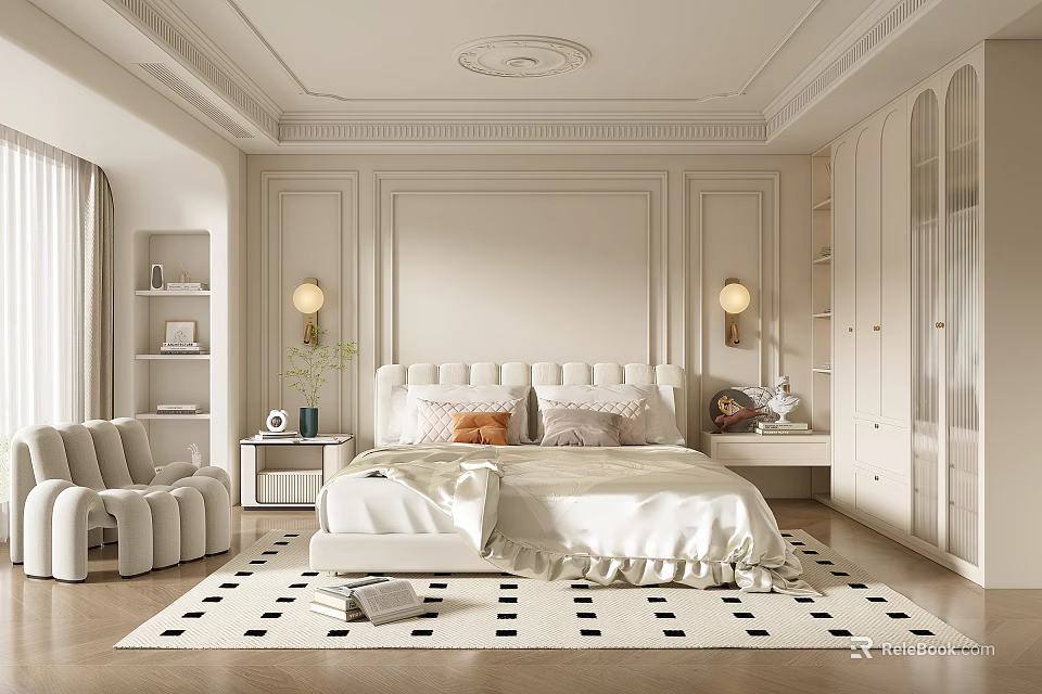 Elegant Modern Bedroom Interior With Upholstered Headboard Checkered Rug Accent Chair And Wall Sconces 3d model 