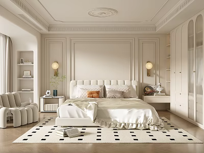 Elegant Modern Bedroom Interior With Upholstered Headboard Checkered Rug Accent Chair And Wall Sconces 3d model