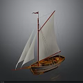 Traditional Wooden Sailing Boat With White Sails Red Mast And Small Red Flag
