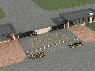 Black Entrance Gate With Gray Paved Ground Red Brick Area And Yellow Line Barriers 3d model