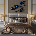 Modern Luxury Bed With Gray Tufted Headboard Metallic Sphere Decor Nightstands And Lamps