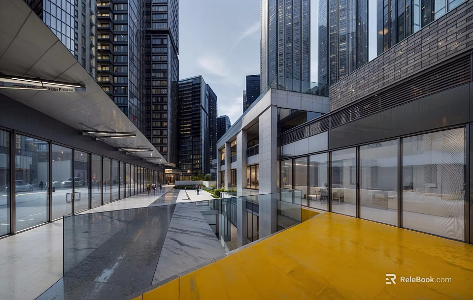 Modern Office Building Design Featuring Glass Curtain Walls Open Atrium And Yellow Floor 3d model 