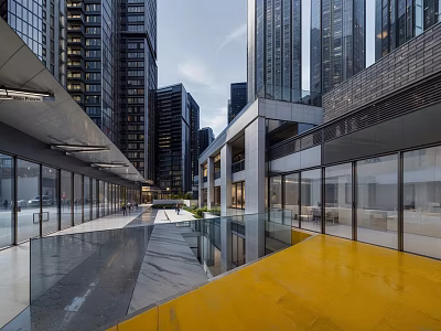 Modern Office Building Design Featuring Glass Curtain Walls Open Atrium And Yellow Floor 3d model