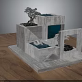 Bonsai Trees in Modern Concrete Structure with Small Pools and Staircase
