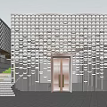 Modern Facade With Wavy Metal Panels Glass Entrance Door Stone Steps Water Feature And Greenery